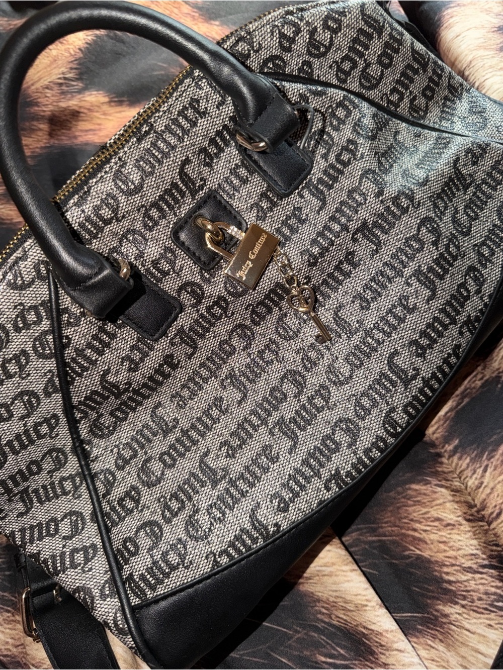 Juicy Couture Black & Gray Logo Jacquard Satchel with Gold Lock Charm